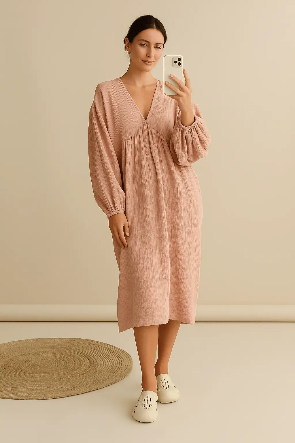 Robe longue de plage en coton et lin - Col en V- Fluide et Légère 