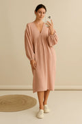Robe longue de plage en coton et lin - Col en V- Fluide et Légère 