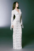 Robe longue tarnsparente Mélodie en dentelle avec manches longues 