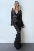 Robe longue tarnsparente Mélodie en dentelle avec manches longues 