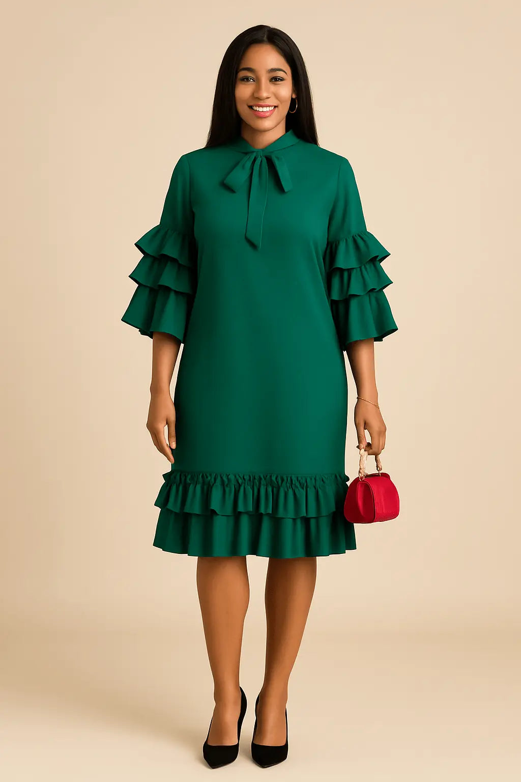 Robe mi-longue chaude, col nœud papillon, manches et bas à volants 