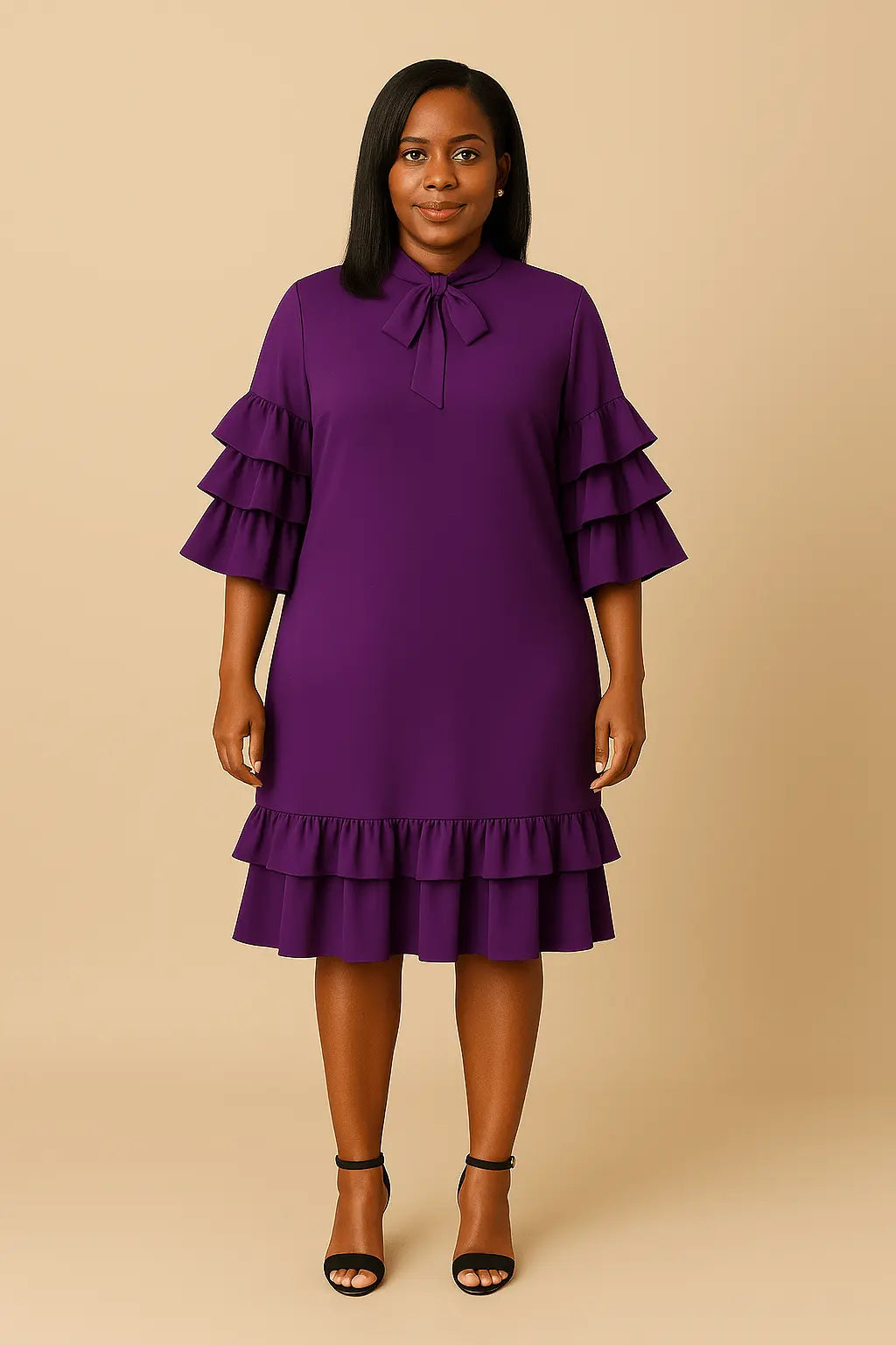 Robe mi-longue chaude, col nœud papillon, manches et bas à volants 