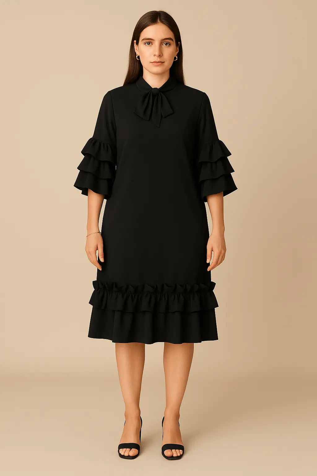 Robe mi-longue chaude, col nœud papillon, manches et bas à volants 