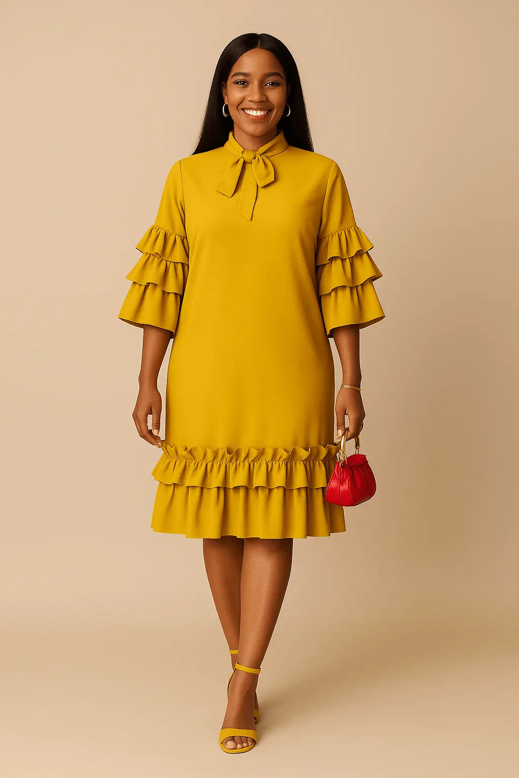 Robe mi-longue chaude, col nœud papillon, manches et bas à volants 