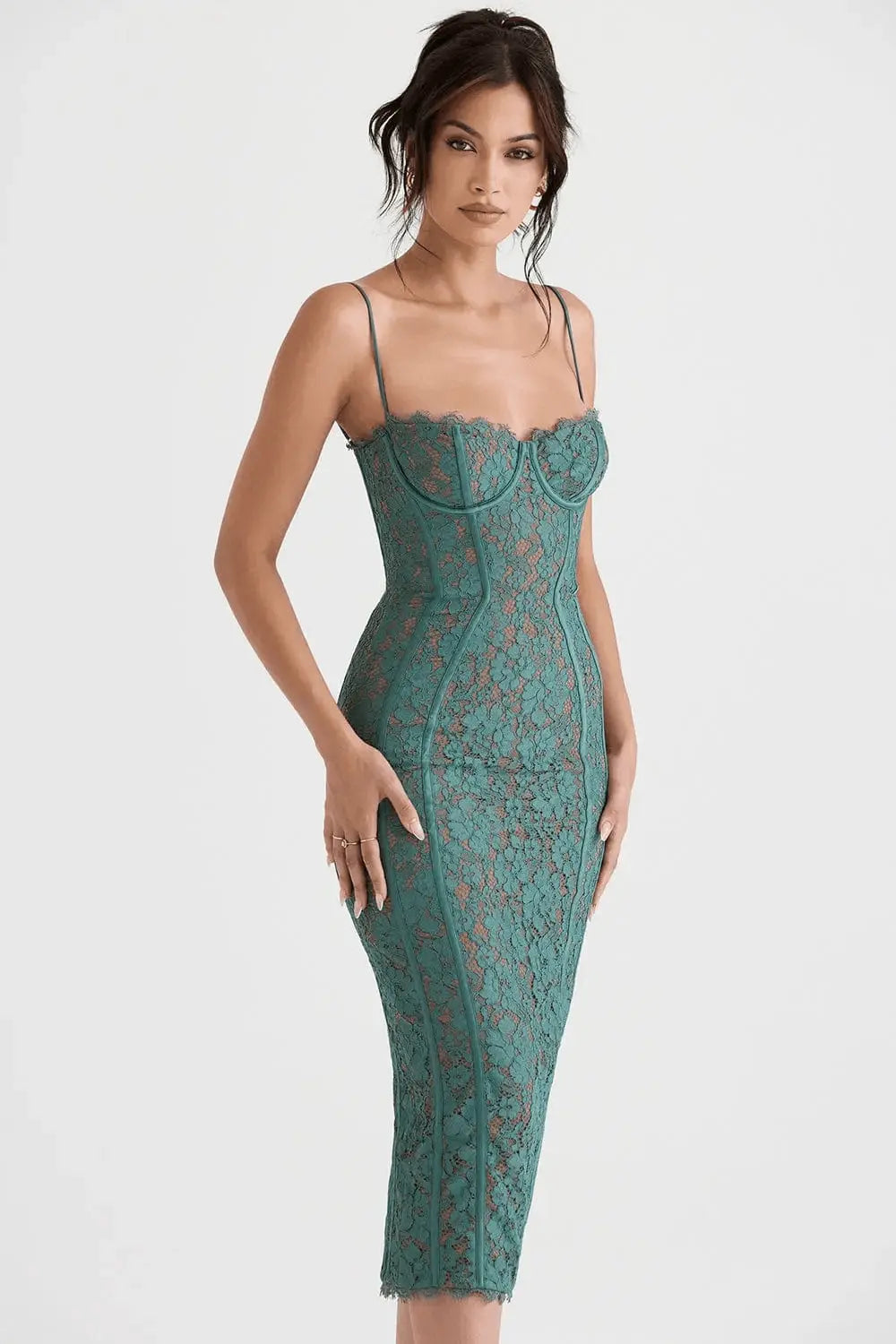 Robe midi Alina Vert en dentelle avec corsage structuré 