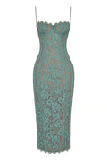 Robe midi Alina Vert en dentelle avec corsage structuré 