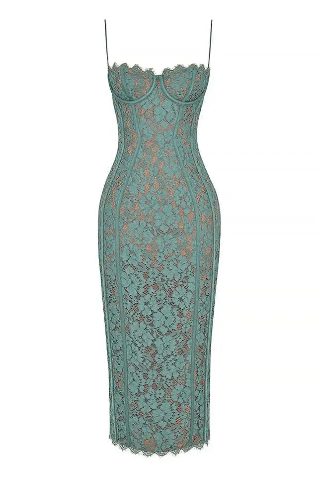 Robe midi Alina Vert en dentelle avec corsage structuré 