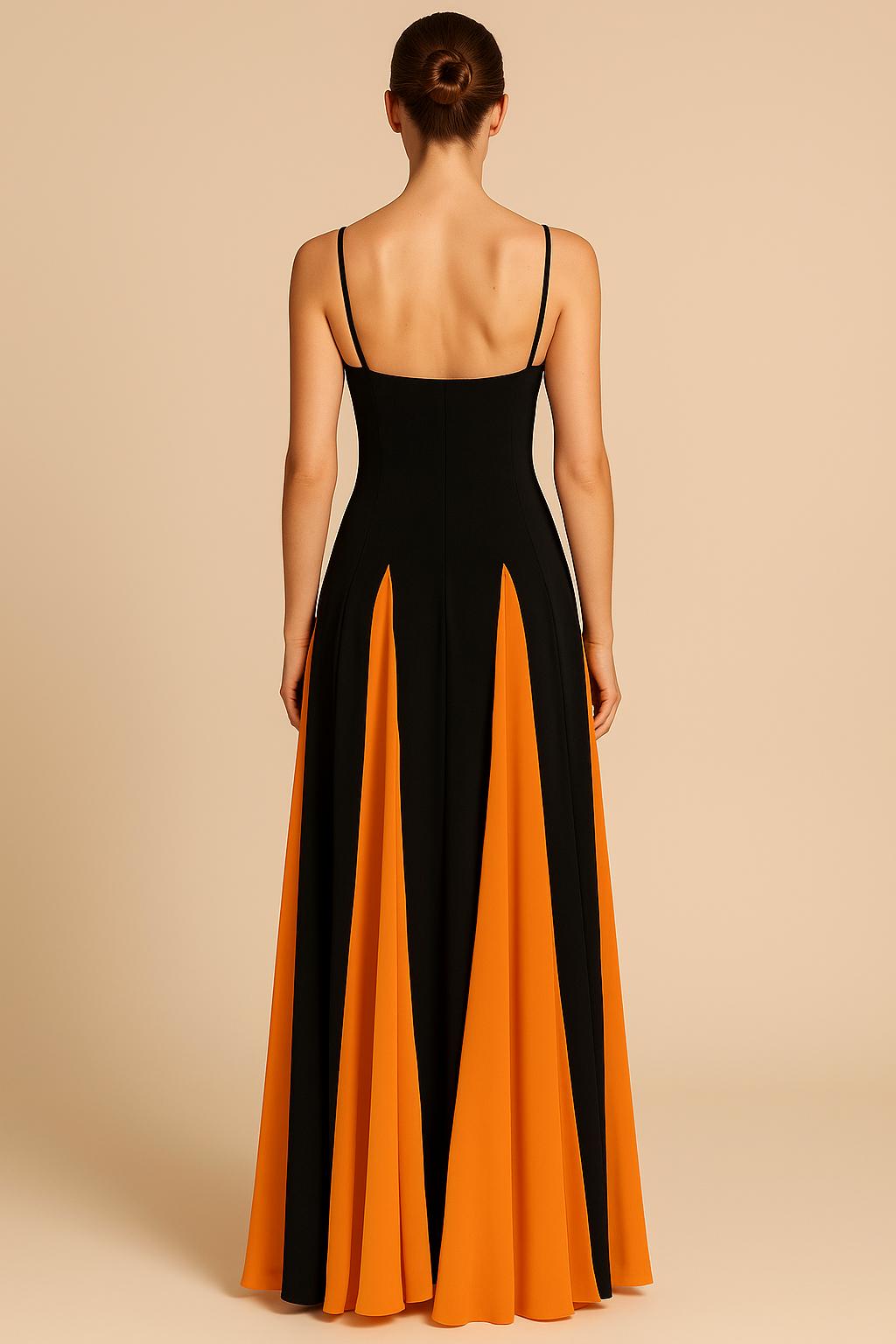 Robe Longue Bicolore – Bretelles Fines et Jupe Fluide Contrastée 