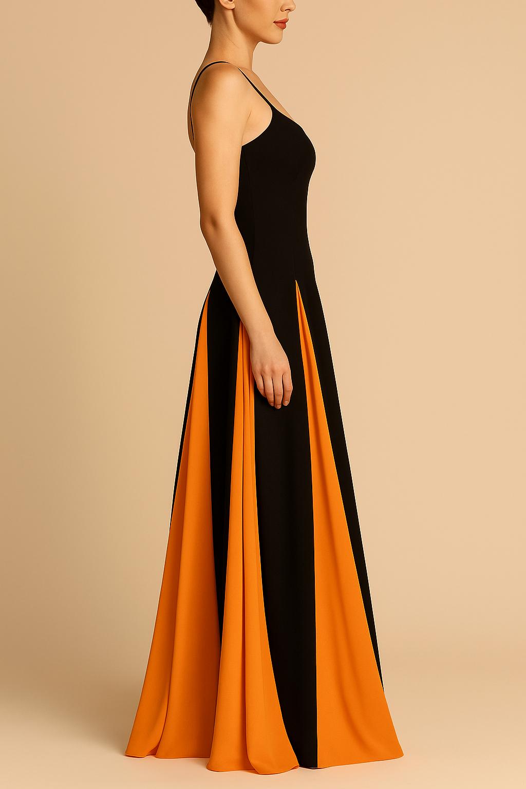 Robe Longue Bicolore – Bretelles Fines et Jupe Fluide Contrastée 
