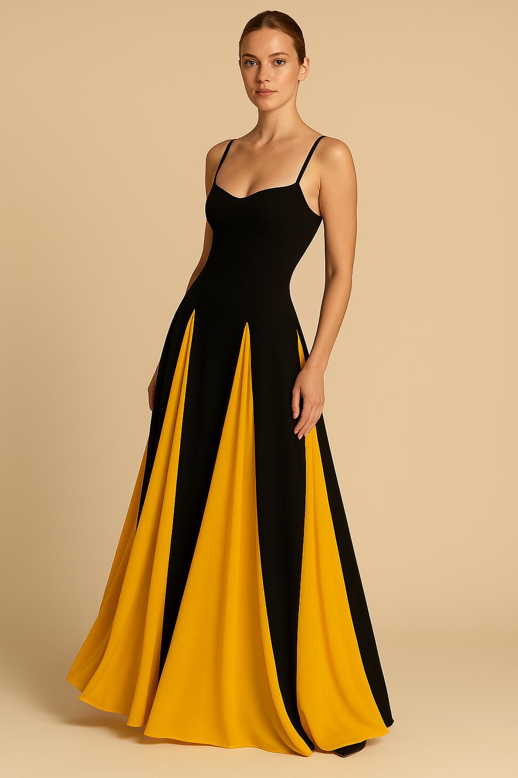 Robe Longue Bicolore – Bretelles Fines et Jupe Fluide Contrastée 