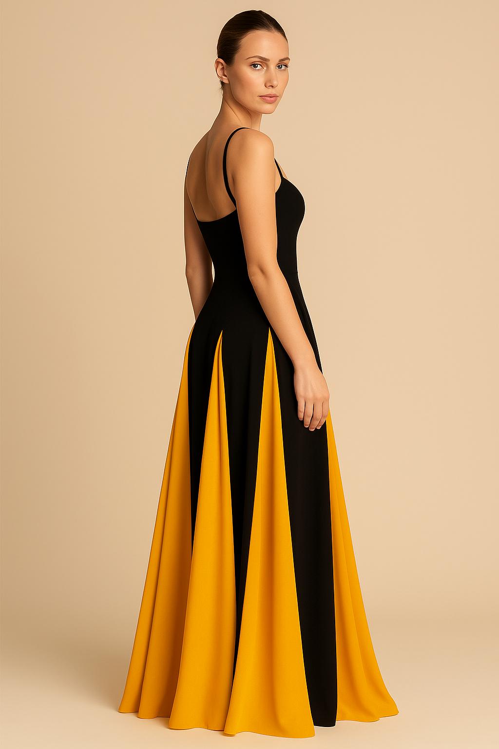 Robe Longue Bicolore – Bretelles Fines et Jupe Fluide Contrastée 