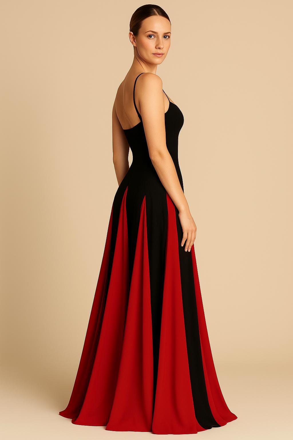 Robe Longue Bicolore – Bretelles Fines et Jupe Fluide Contrastée 