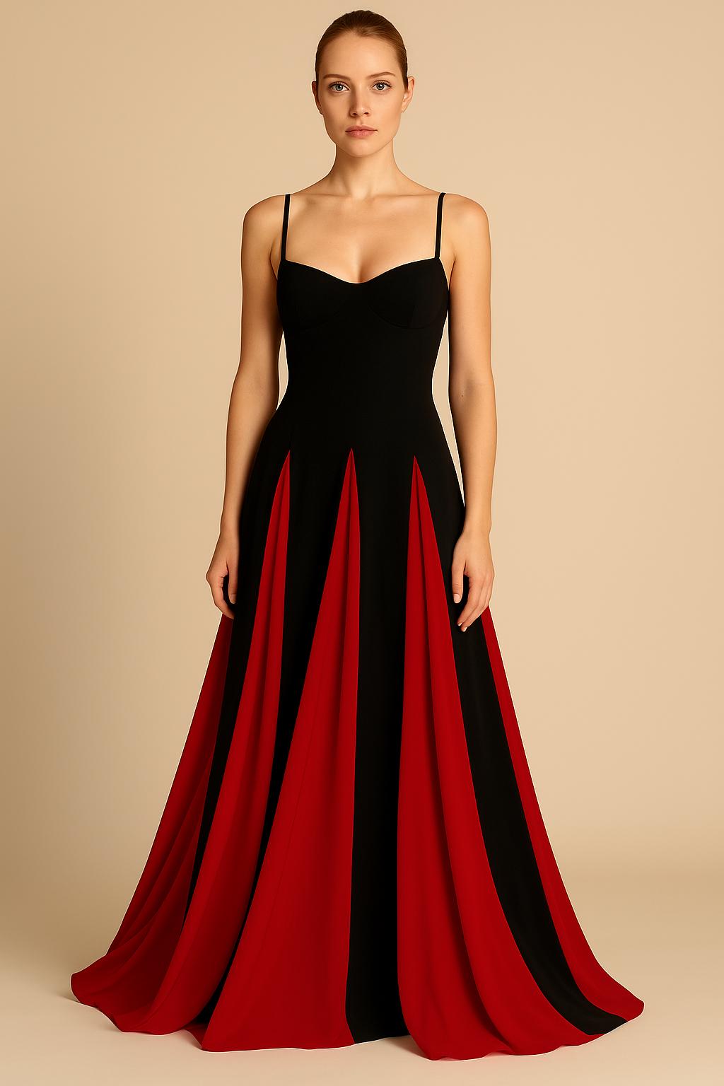Robe Longue Bicolore – Bretelles Fines et Jupe Fluide Contrastée 