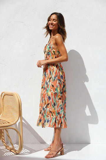 Midi Dress with Straps – Multicolored Leaf Print