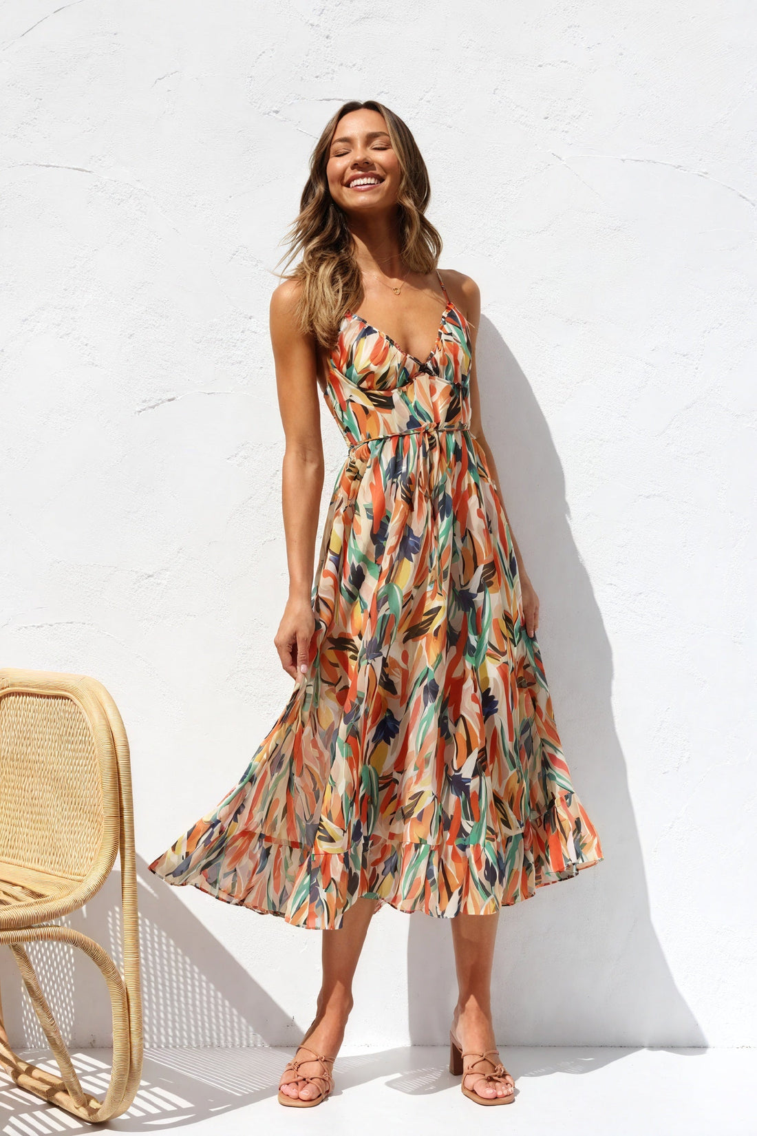 Midi-jurk met bandjes – multicolor bladprint