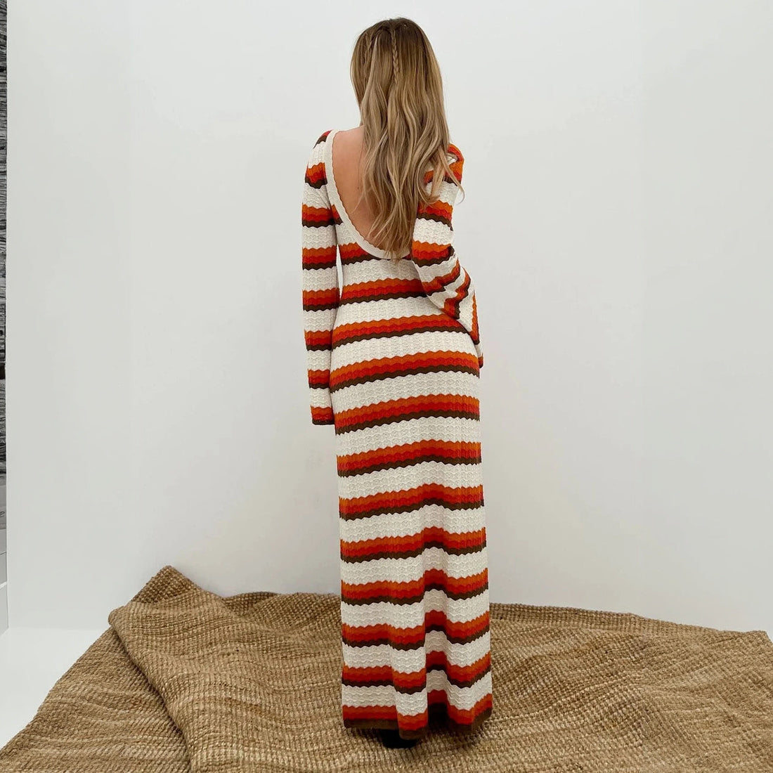 Robe longue femme bohème rayée évasée à manches longues – Élégance estivale polyvalente