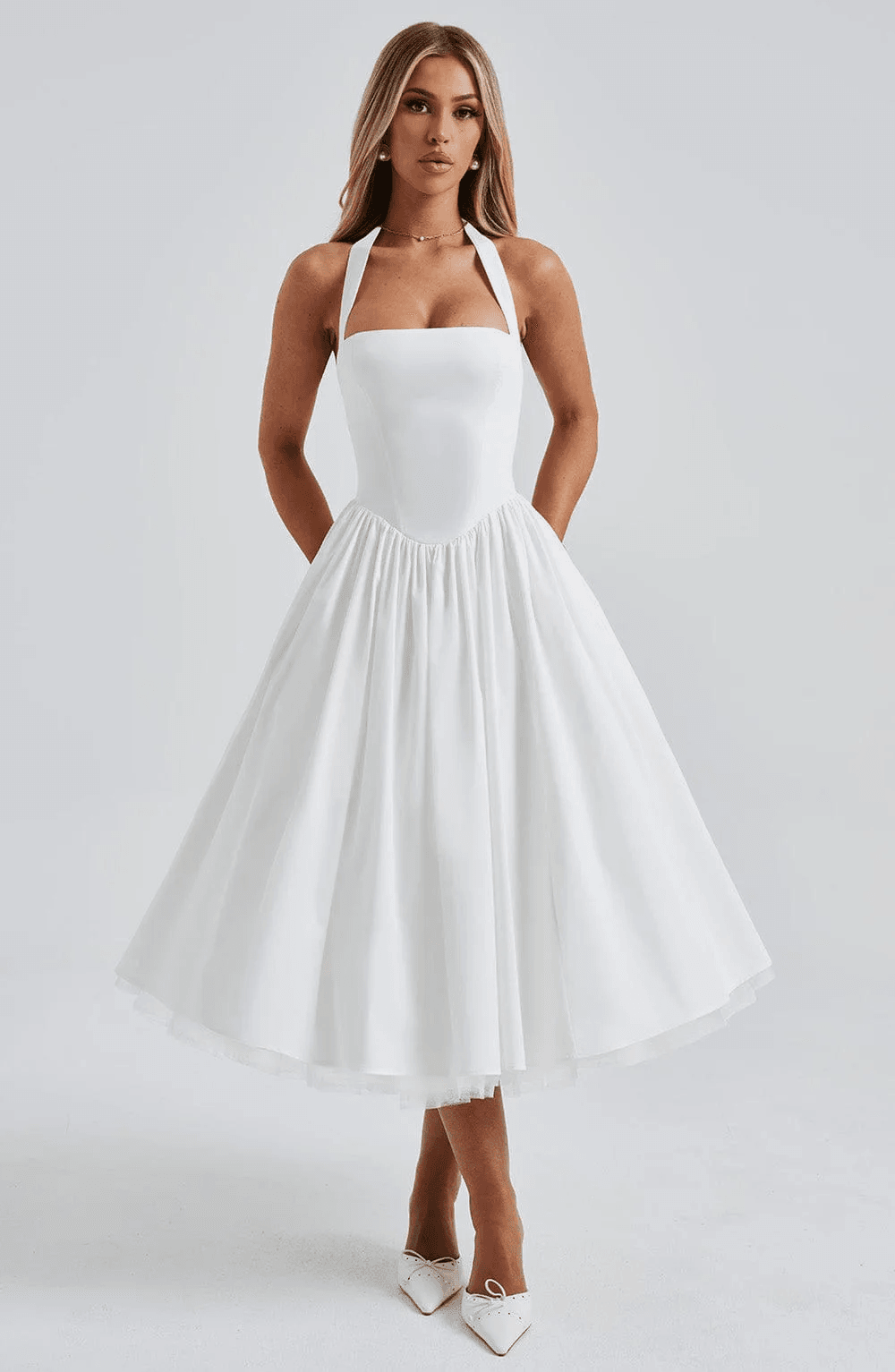 Robe Midi Évasée Pin-Up Sans Manches à Col Halter 