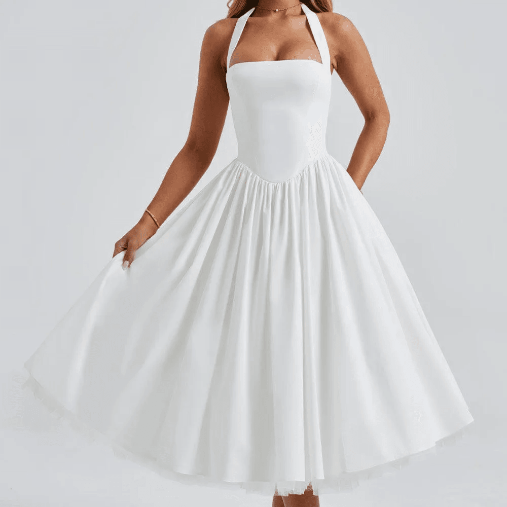 Robe Midi Évasée Pin-Up Sans Manches à Col Halter 