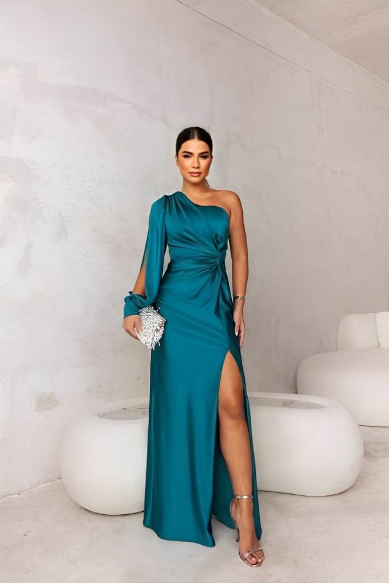 Robe de Soirée Femme Satin – Asymétrique Élégante avec Fente Latérale Vert Sapin / S MAX FOR ME