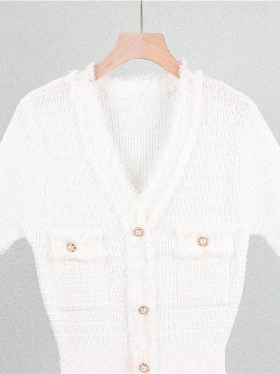 Robe maille franges style français manches courtes élégance estivale - douceur sophistiquée - MAX FOR ME
