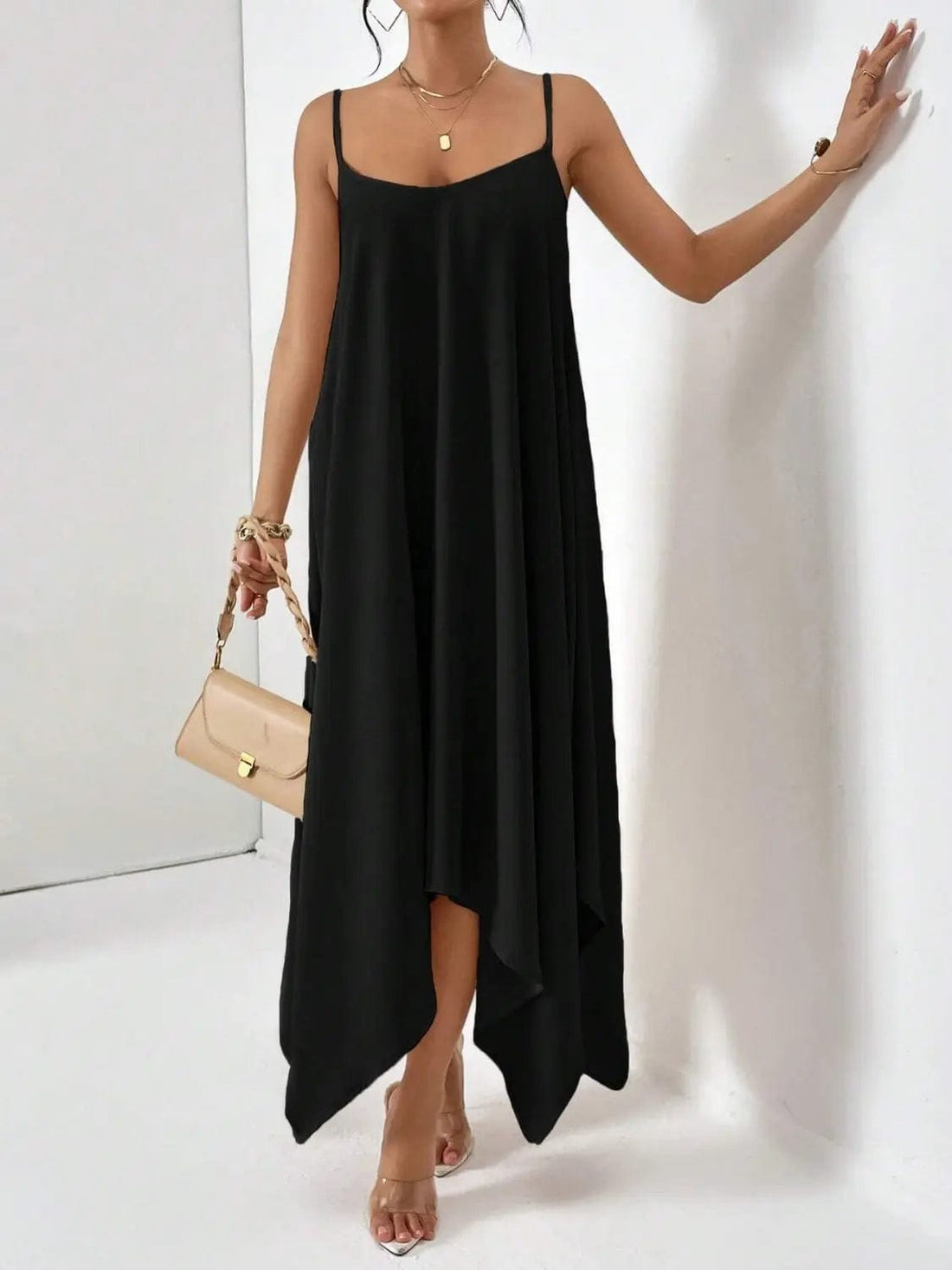 Fluid Asymmetric Midi Dress with Thin Straps – Minimalist Summer Elegance