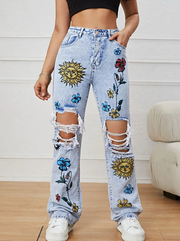 Jean Délavé à Broderies Soleil et Fleurs - Style Boho et Décontracté