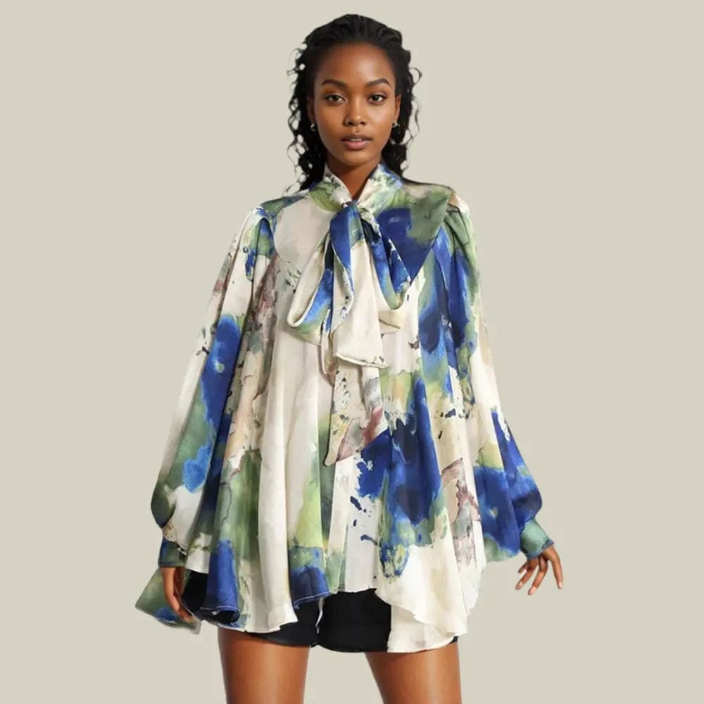 MAX for ME Blouse Blouse à imprimé aquarelle avec nœud lavallière