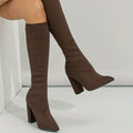 Bottes chaussettes hautes pour femme – Tricot extensible – Coupe ajustée – Bout pointu – Talon bloc Marron / 4 MAX FOR ME