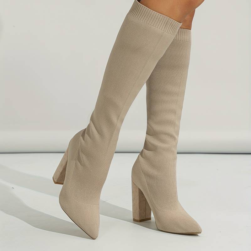 Bottes chaussettes hautes pour femme – Tricot extensible – Coupe ajustée – Bout pointu – Talon bloc MAX FOR ME
