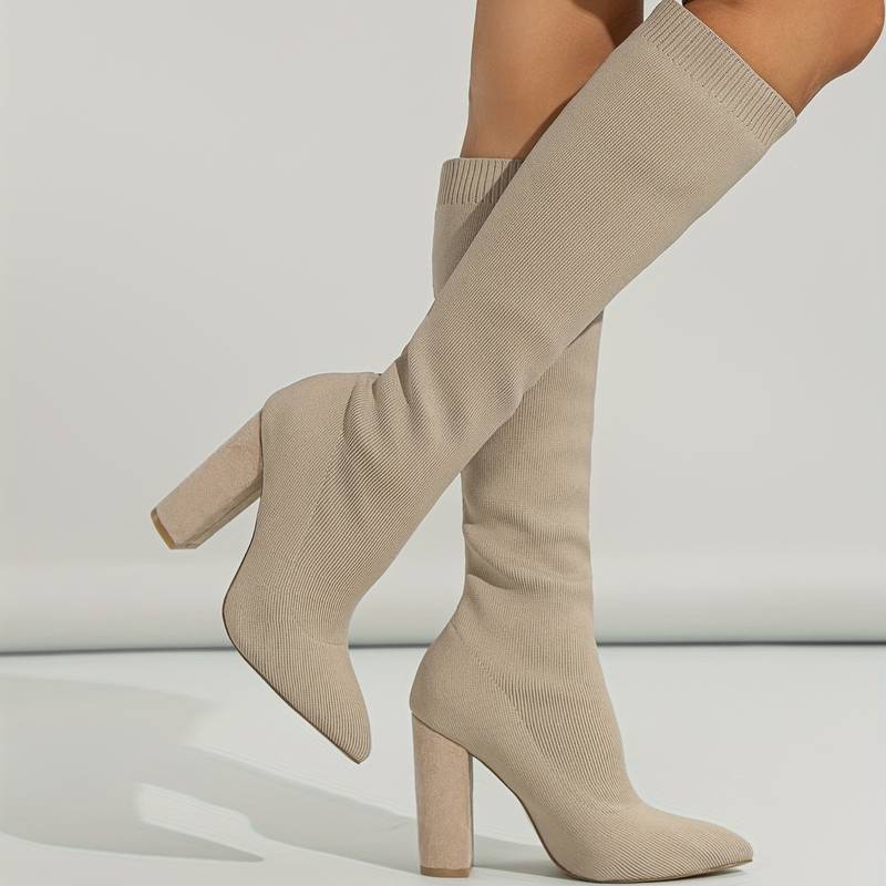 Bottes chaussettes hautes pour femme – Tricot extensible – Coupe ajustée – Bout pointu – Talon bloc MAX FOR ME