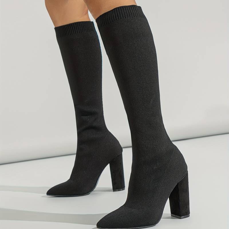 Bottes chaussettes hautes pour femme – Tricot extensible – Coupe ajustée – Bout pointu – Talon bloc MAX FOR ME