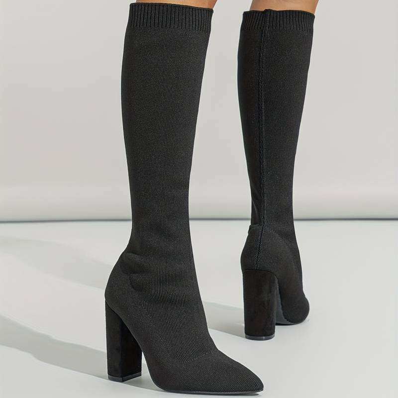 Bottes chaussettes hautes pour femme – Tricot extensible – Coupe ajustée – Bout pointu – Talon bloc Noir / 4 MAX FOR ME