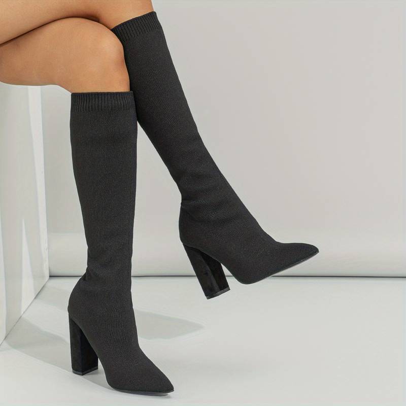Bottes chaussettes hautes pour femme – Tricot extensible – Coupe ajustée – Bout pointu – Talon bloc Noir / 4 MAX FOR ME