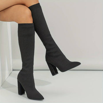 Bottes chaussettes hautes pour femme – Tricot extensible – Coupe ajustée – Bout pointu – Talon bloc Noir / 4 MAX FOR ME