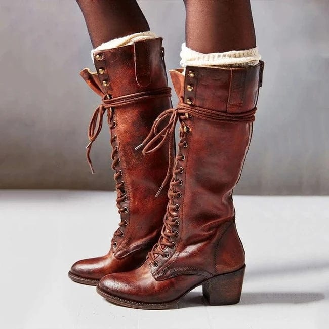 Bottes hautes pour femme – Cuir – Lacets sur le devant – Talon épais – Fermeture éclair latérale Brun rougeâtre / 2 MAX FOR ME