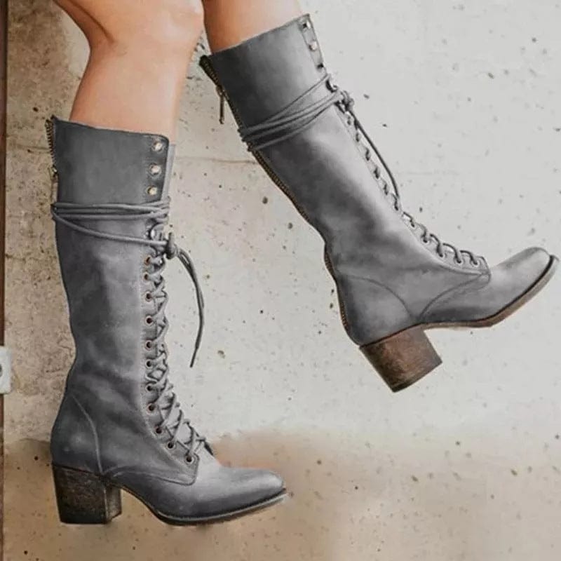 Bottes hautes pour femme – Cuir – Lacets sur le devant – Talon épais – Fermeture éclair latérale Gris / 2 MAX FOR ME