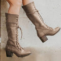 Bottes hautes pour femme – Cuir – Lacets sur le devant – Talon épais – Fermeture éclair latérale Kaki / 2 MAX FOR ME