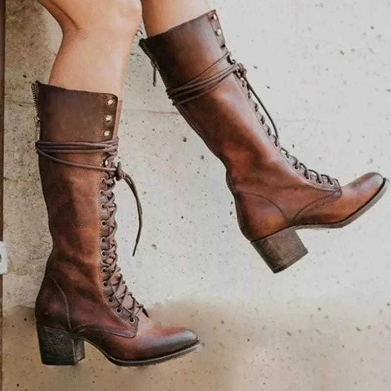 Bottes hautes pour femme – Cuir – Lacets sur le devant – Talon épais – Fermeture éclair latérale Noir / 2 MAX FOR ME