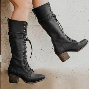 Bottes hautes pour femme – Cuir – Lacets sur le devant – Talon épais – Fermeture éclair latérale Noir / 2 MAX FOR ME