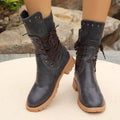 Bottes mi-mollet pour femme – Cuir synthétique – À lacets – Talon épais – Détail clouté Gris / 2 MAX FOR ME