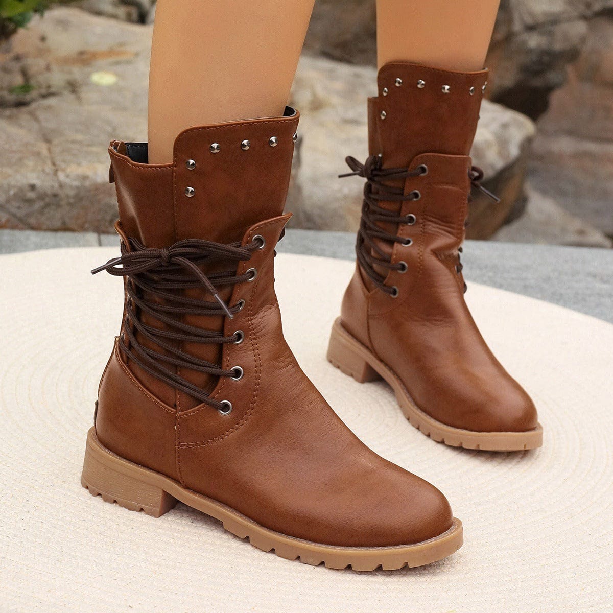 Bottes mi-mollet pour femme – Cuir synthétique – À lacets – Talon épais – Détail clouté MAX FOR ME