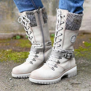 Bottes mi-mollet pour femme – Similicuir – Fermeture éclair à lacets – Bordure en tricot – Semelle antidérapante Blanc / 2 MAX FOR ME