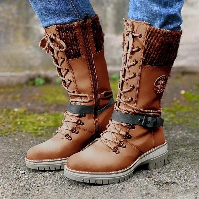 Bottes mi-mollet pour femme – Similicuir – Fermeture éclair à lacets – Bordure en tricot – Semelle antidérapante Marron / 2 MAX FOR ME