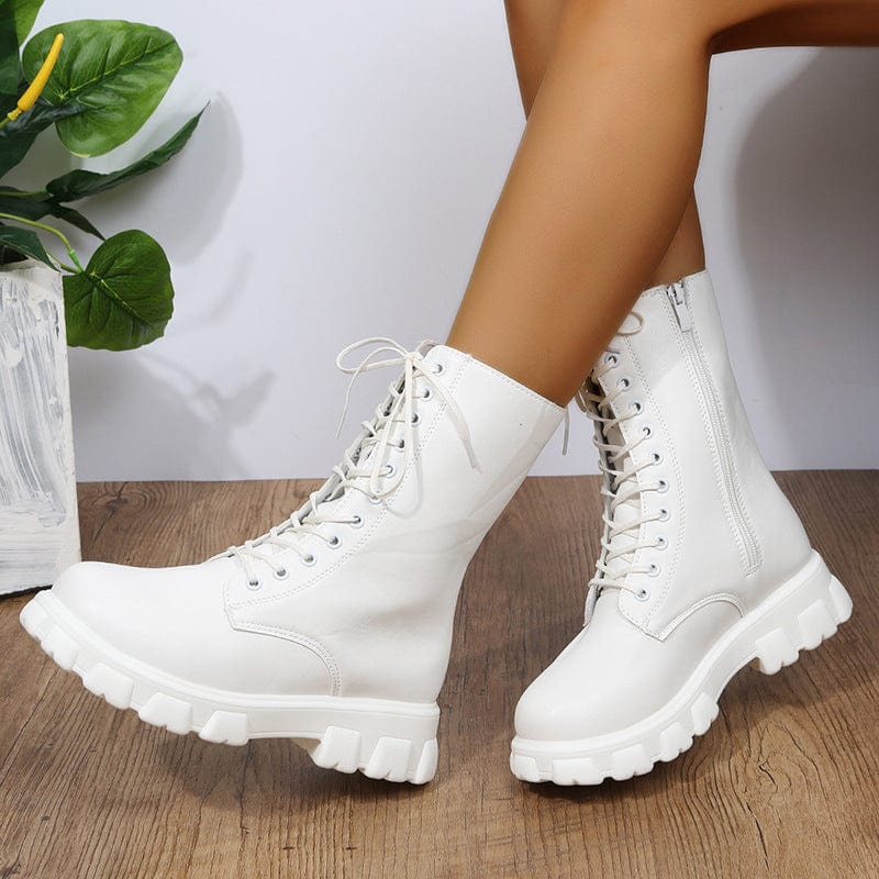 Bottes mi-mollet pour femme – Similicuir – Semelle épaisse – Lacets avec fermeture éclair latérale Blanc / 2 MAX FOR ME