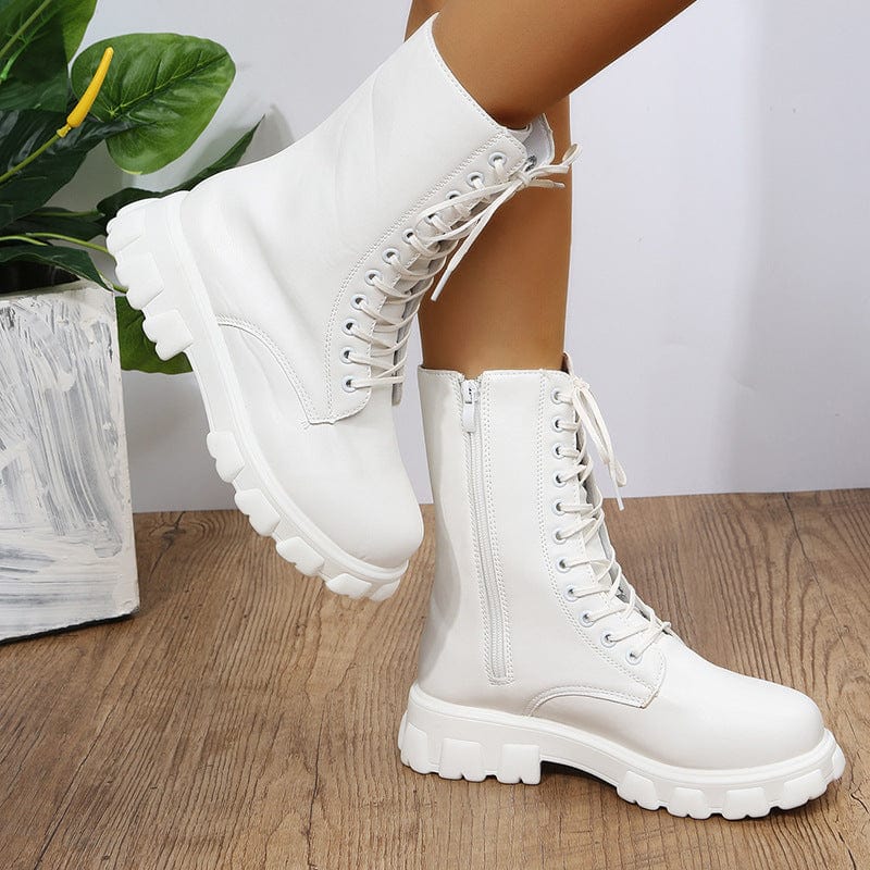 Bottes mi-mollet pour femme – Similicuir – Semelle épaisse – Lacets avec fermeture éclair latérale MAX FOR ME