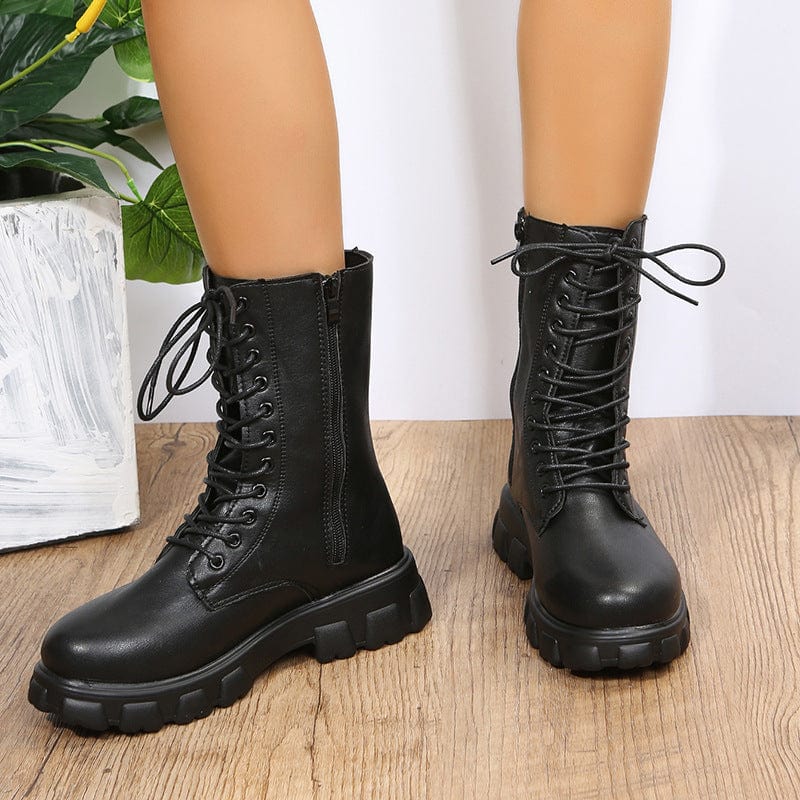 Bottes mi-mollet pour femme – Similicuir – Semelle épaisse – Lacets avec fermeture éclair latérale Noir / 2 MAX FOR ME