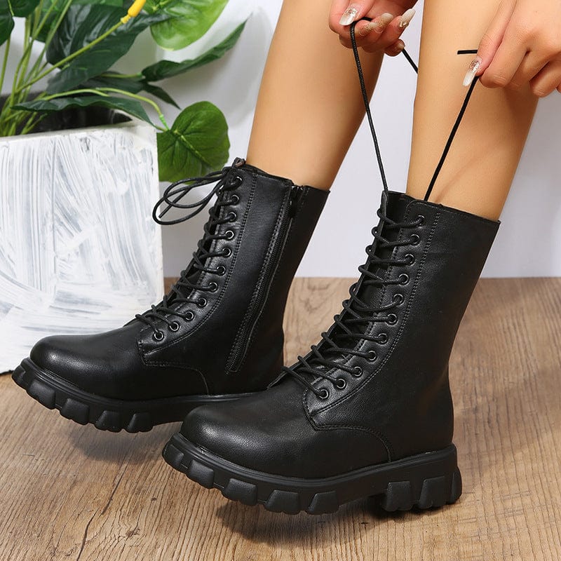 Bottes mi-mollet pour femme – Similicuir – Semelle épaisse – Lacets avec fermeture éclair latérale Noir / 2 MAX FOR ME
