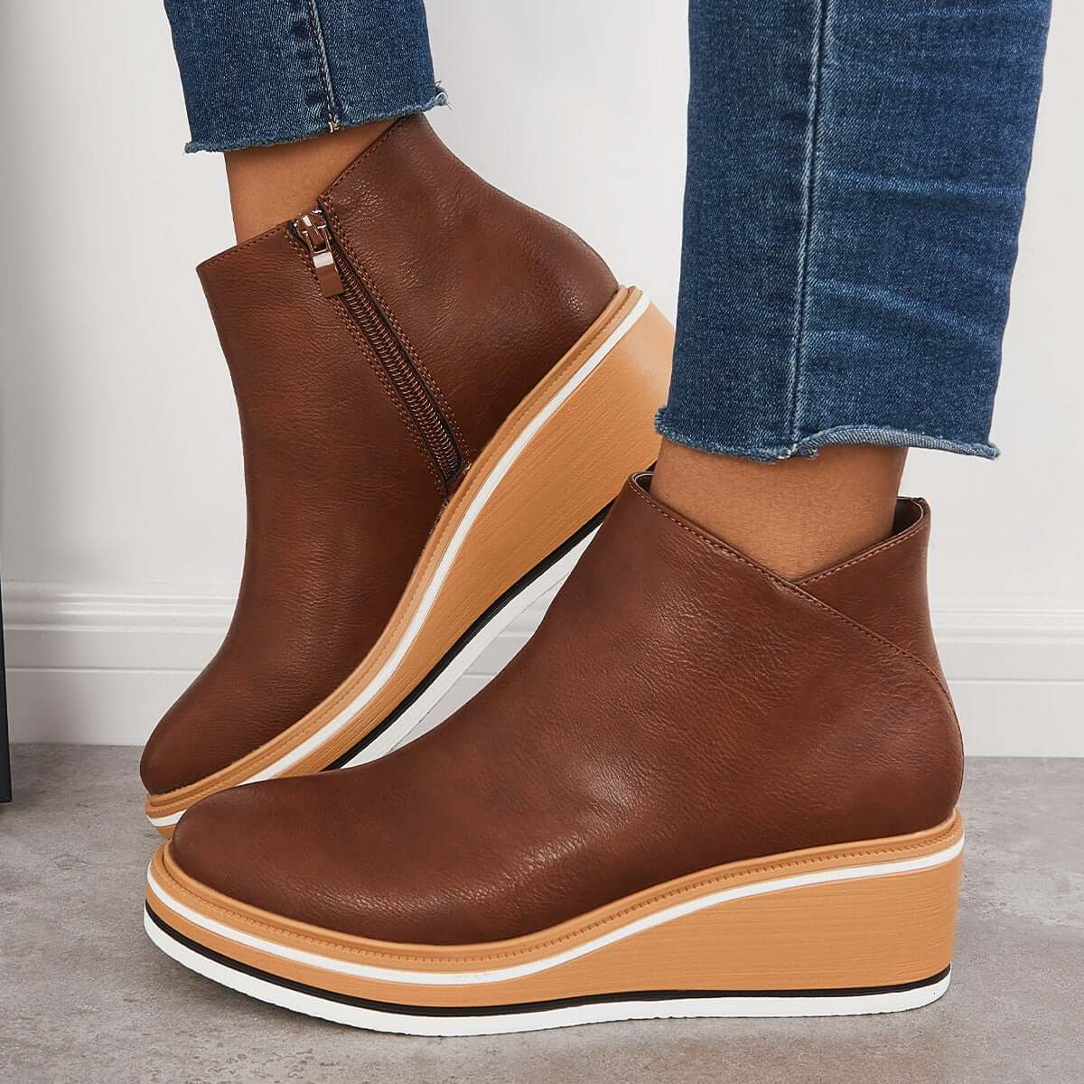 Bottines élégantes pour femmes avec fermeture éclair et plateforme - Chaussures confortables et tendance Café / 5 MAX FOR ME