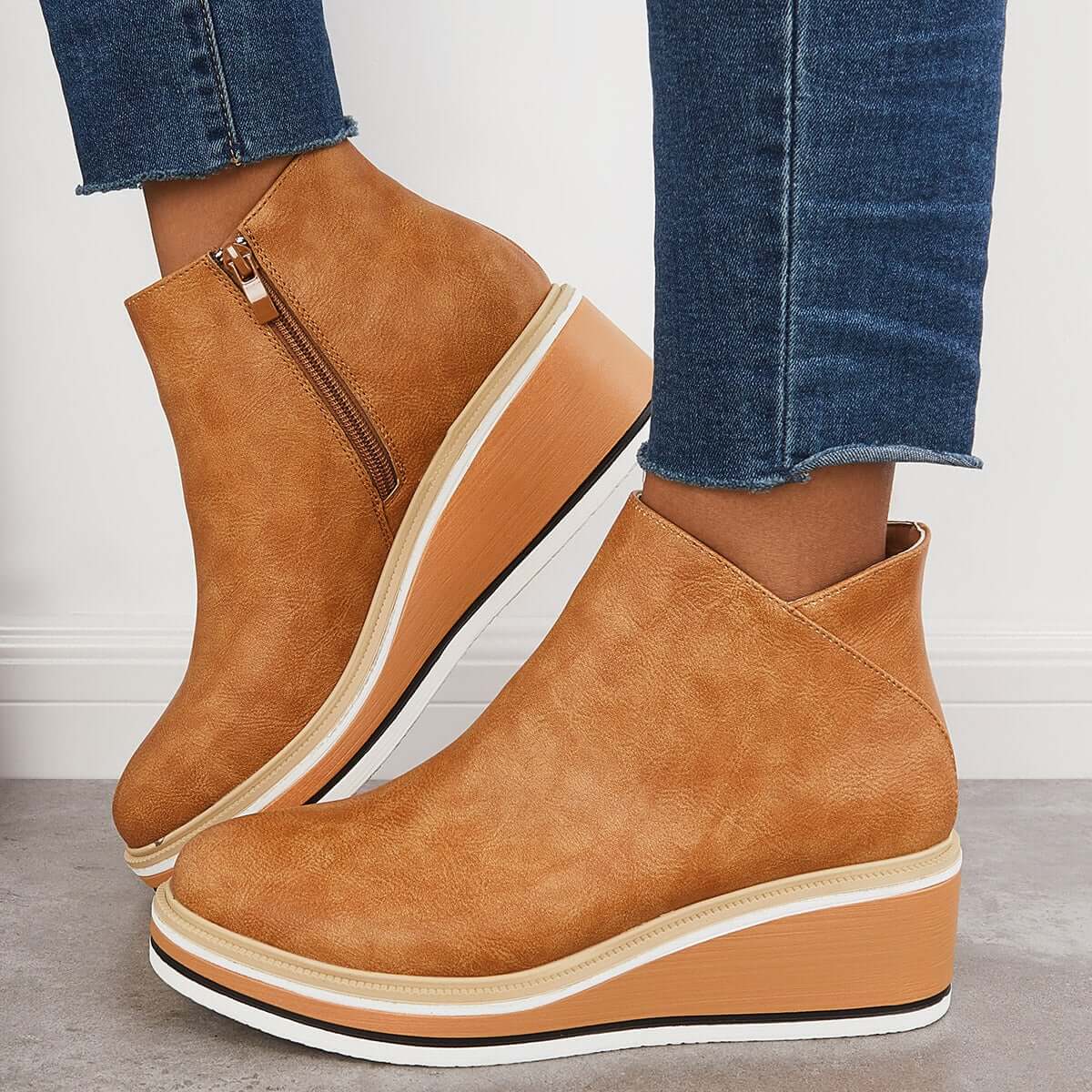 Bottines élégantes pour femmes avec fermeture éclair et plateforme - Chaussures confortables et tendance Marron / 5 MAX FOR ME