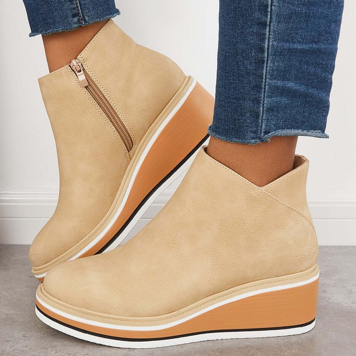 Bottines pour femme – Semelle plateforme – Fermeture éclair latérale – Cuir synthétique – Coupe ajustée Kaki / 3 MAX FOR ME